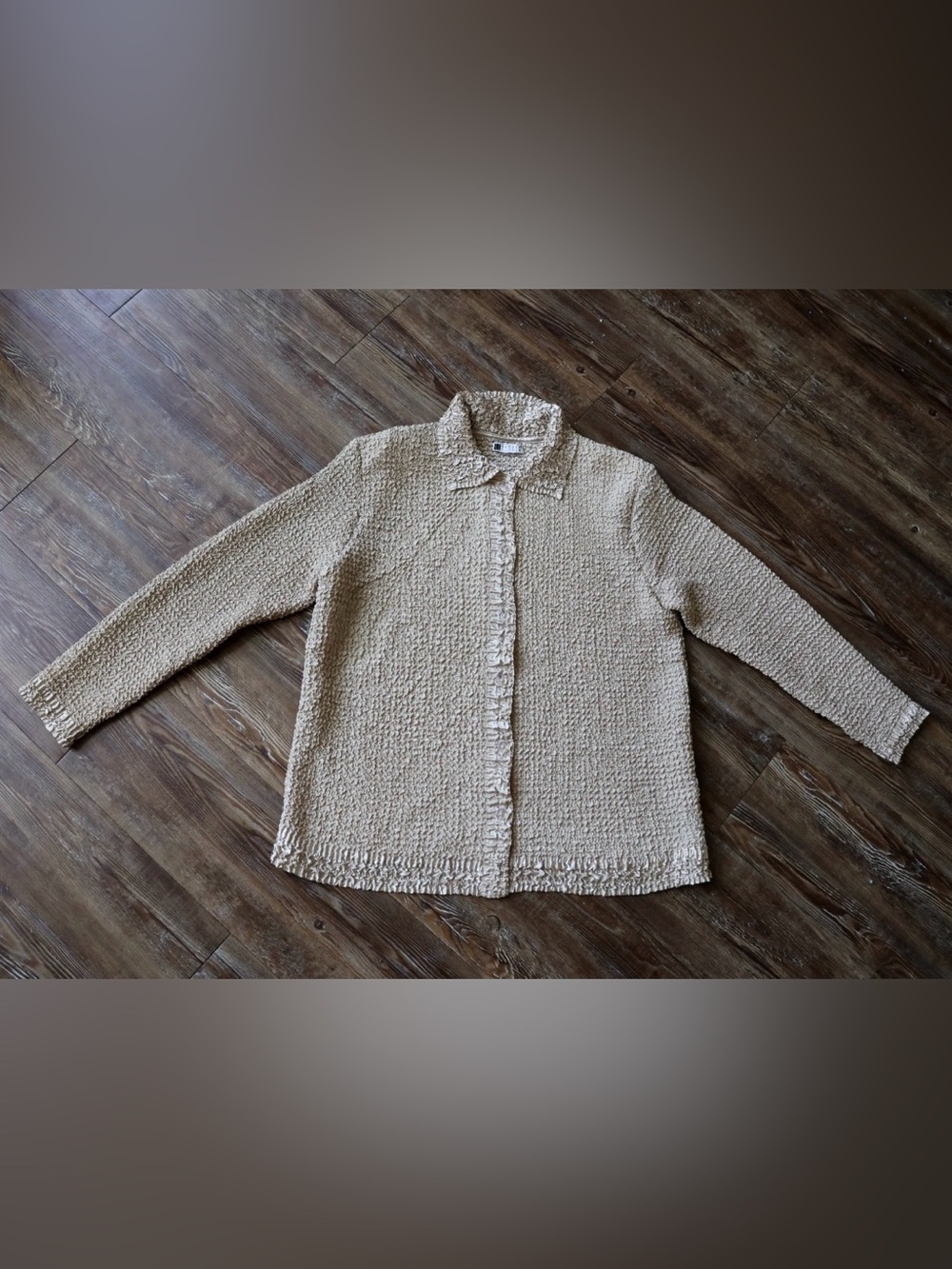 Carole Little Artsy Crinkle Textured Beige Button Up Blouse Office Womens XL